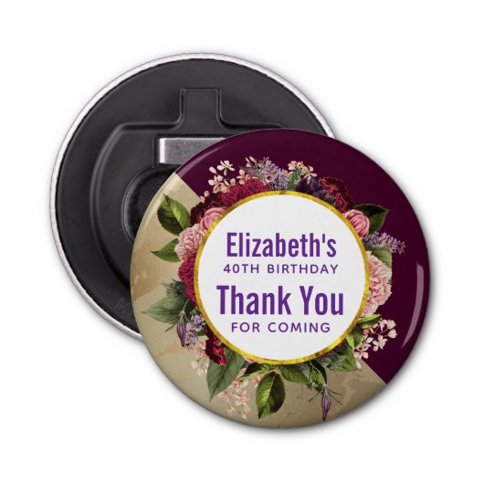 Goud Marmer en Bourgondische Florals Verjaardagsgu Button Flesopener (Voorkant)