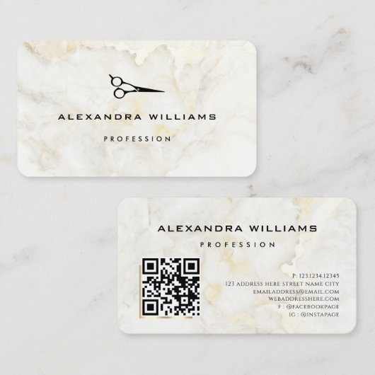 Goud Marmer QR Code Schaar Modern Visitekaartje (Voorkant / Achterkant)