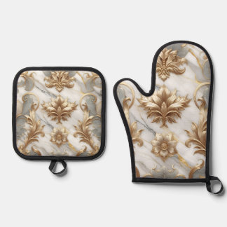 Goud & Marmeren Keukenhandschoenen Ovenwant & Pannenlap Set
