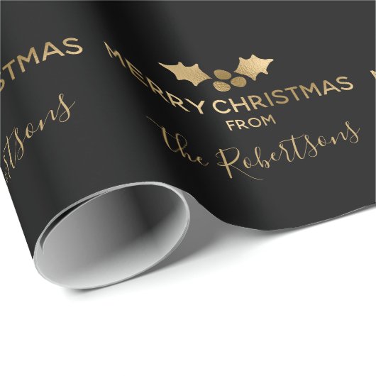 Goud Metallic Holly Zwart Vrolijk Kerstmis Naam Cadeaupapier (Rol Hoek)