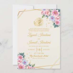 Goud Modern Roze Bloemen Islamitische Moslim Huwel Kaart