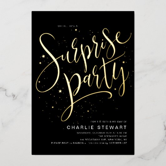 Goud Modern Script Elke leeftijd Verrassing Verjaa Folie Uitnodiging (Voorkant)