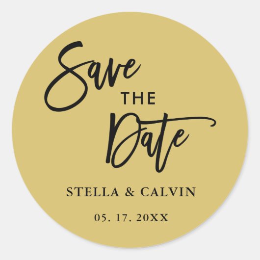 Goud Moderne Kalligrafie Bruiloft Save the Date Ronde Sticker (Voorkant)