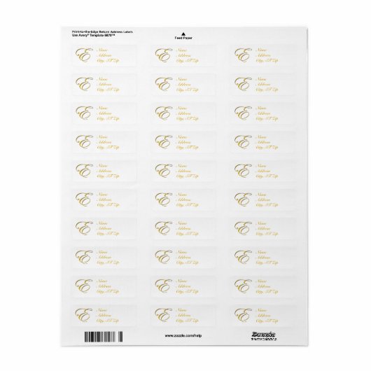 Goud monogram E Adresetiketten Etiket (Full Sheet)