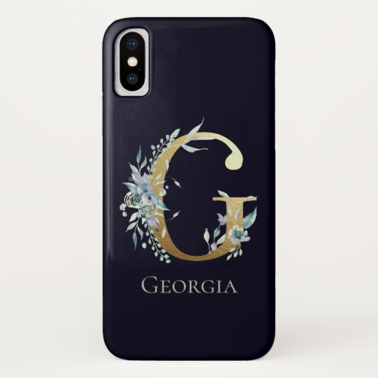 Goud Monogram Letter E Navy Blauw Bloemnaam Case-Mate iPhone Case (Achterkant)