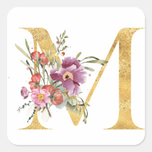 Goud MONOGRAM, letter M met bloem Vierkante Sticker