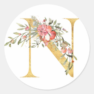 Goud MONOGRAM, letter N, bloem Ronde Sticker