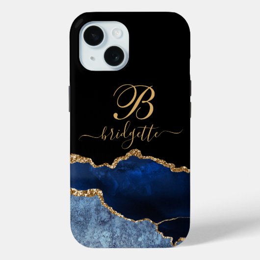 Goud Monogram Marine Blauw Zwart Goud Agaat Geode Case-Mate iPhone Case (Achterkant)