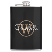 Goud Monogram Modern Script Zwart Heupfles (Voorkant)