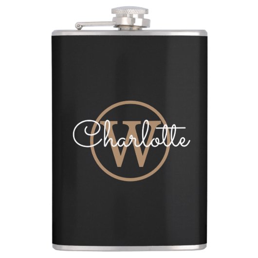 Goud Monogram Modern Script Zwart Heupfles (Voorkant)