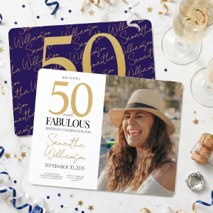 Goud & Navy   50ste Verjaardagsfeest Elegant Fanta Kaart