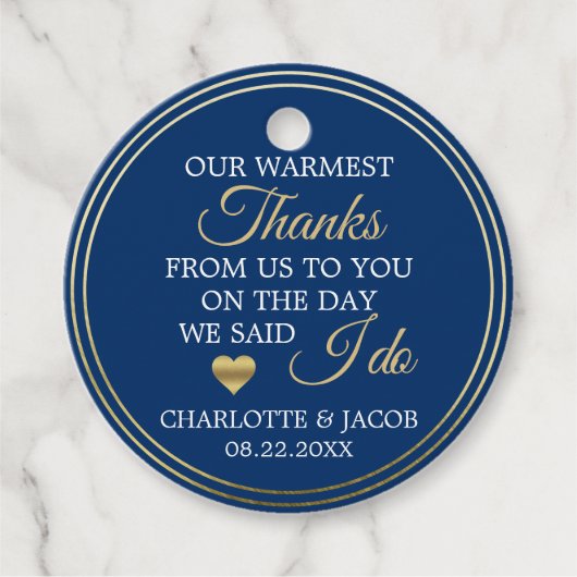 GOUD Navy Blauw Bruiloft Hartje Hartelijk dank Bedankjes Labels (Voorkant)