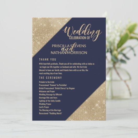 Goud Navy Blauw Faux Glitter Sequin Bruiloft Progr Programma (Staand voorkant)