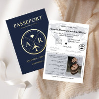 Goud & Navy Blauw paspoort bruiloft uitnodiging