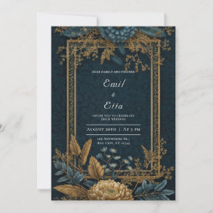 Goud Navy Blauwe Chrysanthemum Art Deco Trouwdag Kaart