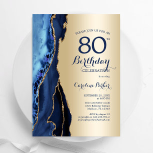 Goud Navy Blue Agaat 80e verjaardag Kaart