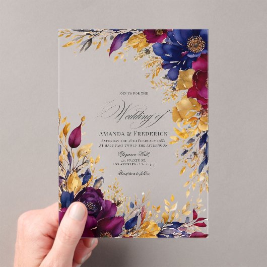 Goud, Navy Blue, en Bourgondische bloemenbruiloft Acryl Uitnodigingen (Insitu (Draagbaar))