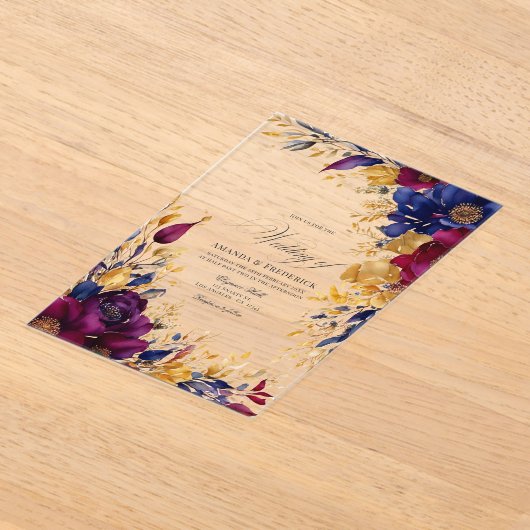 Goud, Navy Blue, en Bourgondische bloemenbruiloft Acryl Uitnodigingen (Laagn)