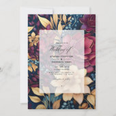 Goud, Navy Blue, en Bourgondische bloemenbruiloft Kaart (Voorkant)