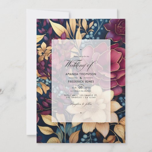Goud, Navy Blue, en Bourgondische bloemenbruiloft Kaart (Voorkant)