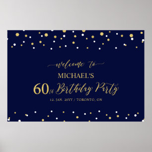 Goud & Navy Confetti 60e Verjaardagsfeest Welkom Poster