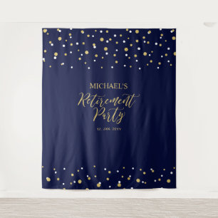 Goud & Navy Confetti Pensioenfeest Achtergrond Wandkleed
