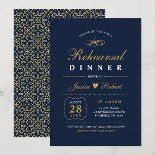 Goud & Navy Elegante Oefenavond Eetkamer Uitnodi Kaart