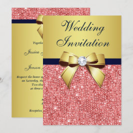 Goud Navy Koraal Sequins Diamanten Boog Bruiloft Kaart