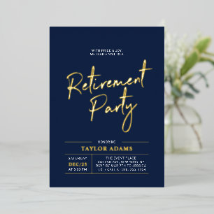 Goud & Navy Moderne Borstel Schrift Pensioenfeest Folie Uitnodiging