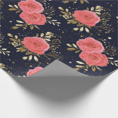 Goud, Navy & Roze Hand getrokken Roos Bloemenpatro Cadeaupapier (Hoek)