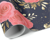 Goud, Navy & Roze Hand getrokken Roos Bloemenpatro Cadeaupapier (Rol Hoek)