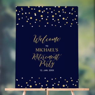 Goud & Navyblauw Confetti Pensioenfeest Welkom Acryl Bord