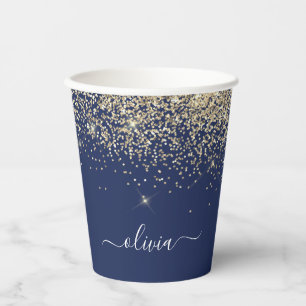 Goud Navyblauw Glitter Glans Monogram Papieren Bekers