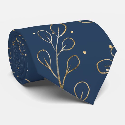 Goud omtrek Eucalyptus Navy Blue Elegant Weddensch Stropdas (Opgerold)