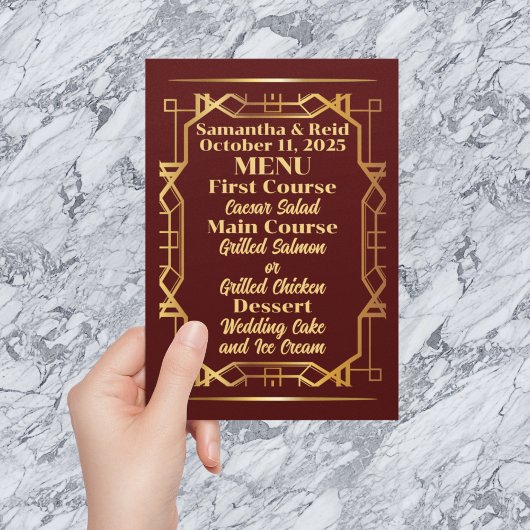 Goud op Bourgondische Art Deco bruiloft Menu