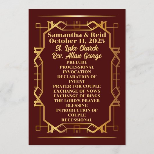 Goud op Bourgondische Art Deco bruiloft Programma (Voorkant)