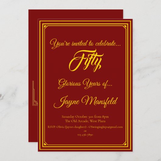 Goud op Deep Red verjaardagsfeest uitnodiging (Voorkant / Achterkant)