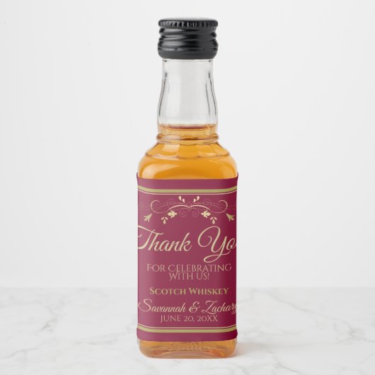 Goud op het Burgundy Maroon Weddenschap Hartelijk Likeurfles Etiket (Voorkant)