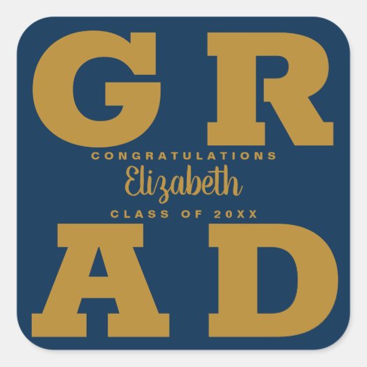 Goud op Navy Blue Bold Graduparty Vierkante Sticker (Voorkant)