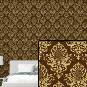 Goud op Rich Brown Classic Damask Pattern Behang