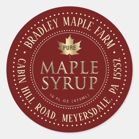 Goud op rood gestippeld Border Maple Syrup label (Voorkant)