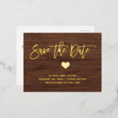 Goud op Rustic Wood look and Heart | Datum opslaan Folie Uitnodiging Briefkaart (Voorkant / Achterkant)