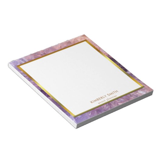 Goud paars amethyst gemstone gepersonaliseerd notitieblok (Schuin)