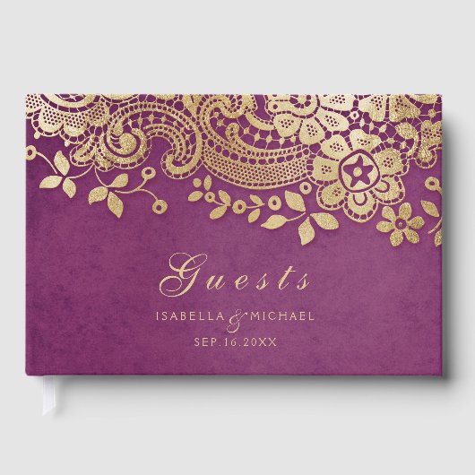 Goud paars elegant huwelijksgastenboek gastenboek (Voorkant)