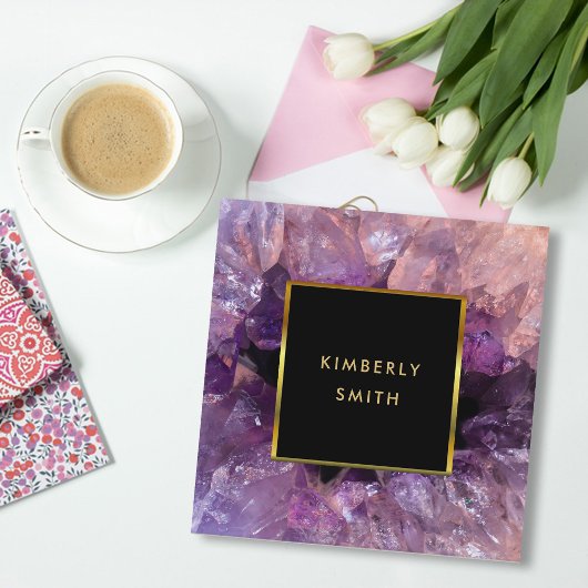 Goud paarse amethyste gemstone geode vierkante visitekaartje