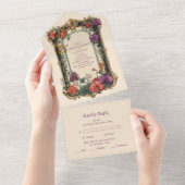 Goud Paarse  Bloemen Bruiloft All In One Uitnodiging (Afscheurbaar)