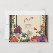 Goud Paarse Bloemen Bruiloft RSVP Kaartje (Voorkant)