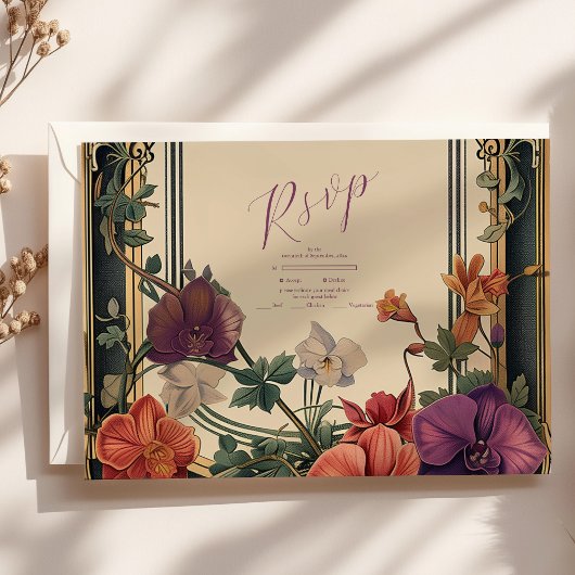 Goud Paarse Bloemen Bruiloft RSVP Kaartje