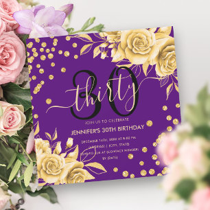 Goud Paarse Bloemen Glitter 30ste Verjaardagsscrip Kaart