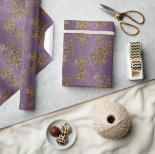 Goud & Paarse Damask Faux Velvet Christmas Cadeaupapier